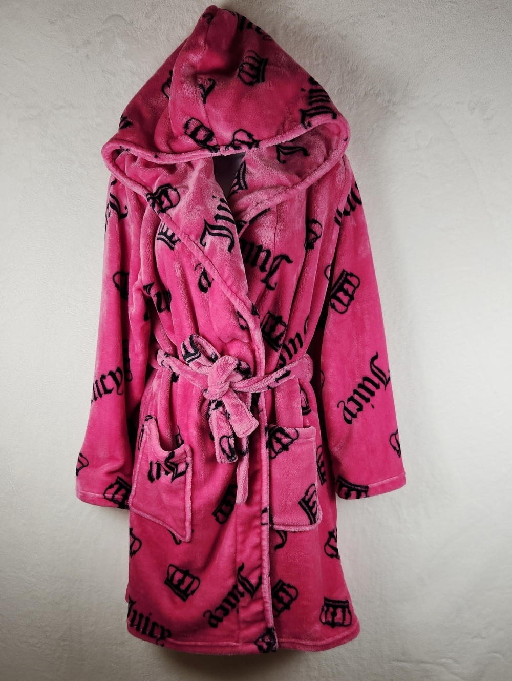 Juicy Couture Hot Pink Hooded Plush Robe with Black Crown/Logo Print Size L / XL